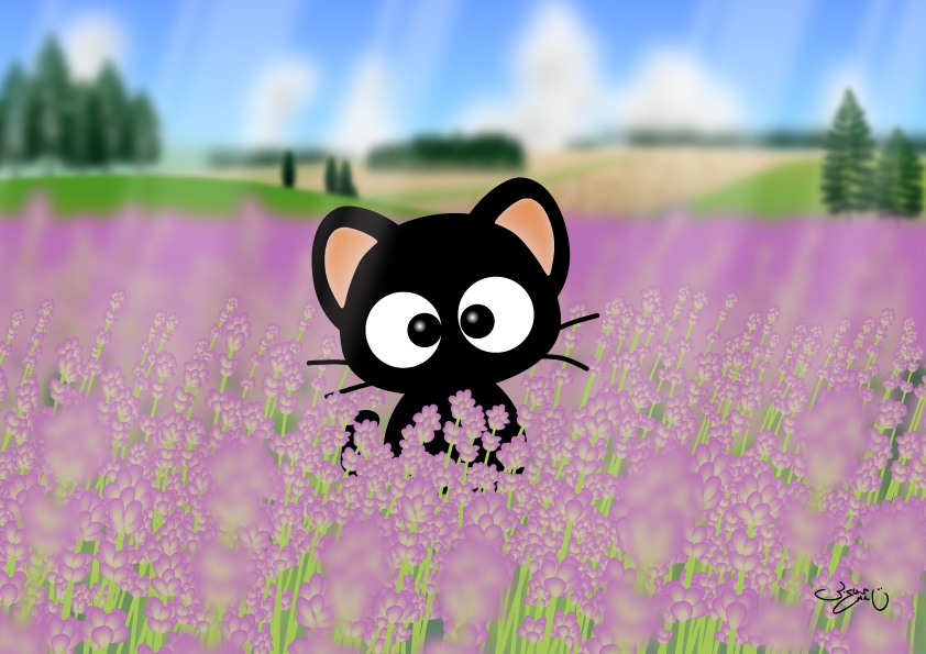 A4イラスト130　ラベンダー畑のりっちー君