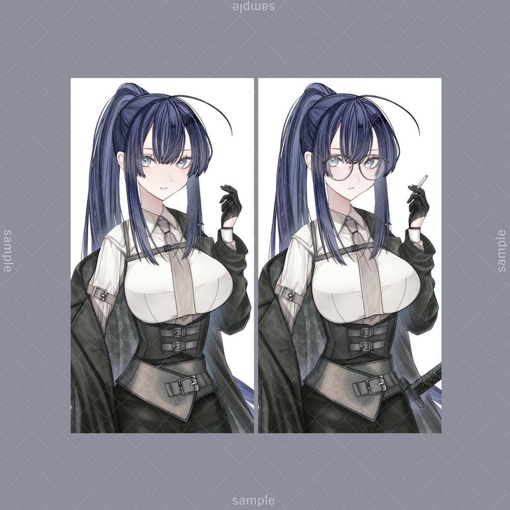 立ち絵79a【表情7種+メガネ+タバコ+刀】黒髪,スーツ,女性