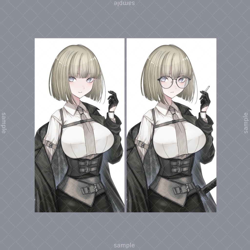 立ち絵79b【表情7種+メガネ+タバコ+刀】金髪,スーツ,女性