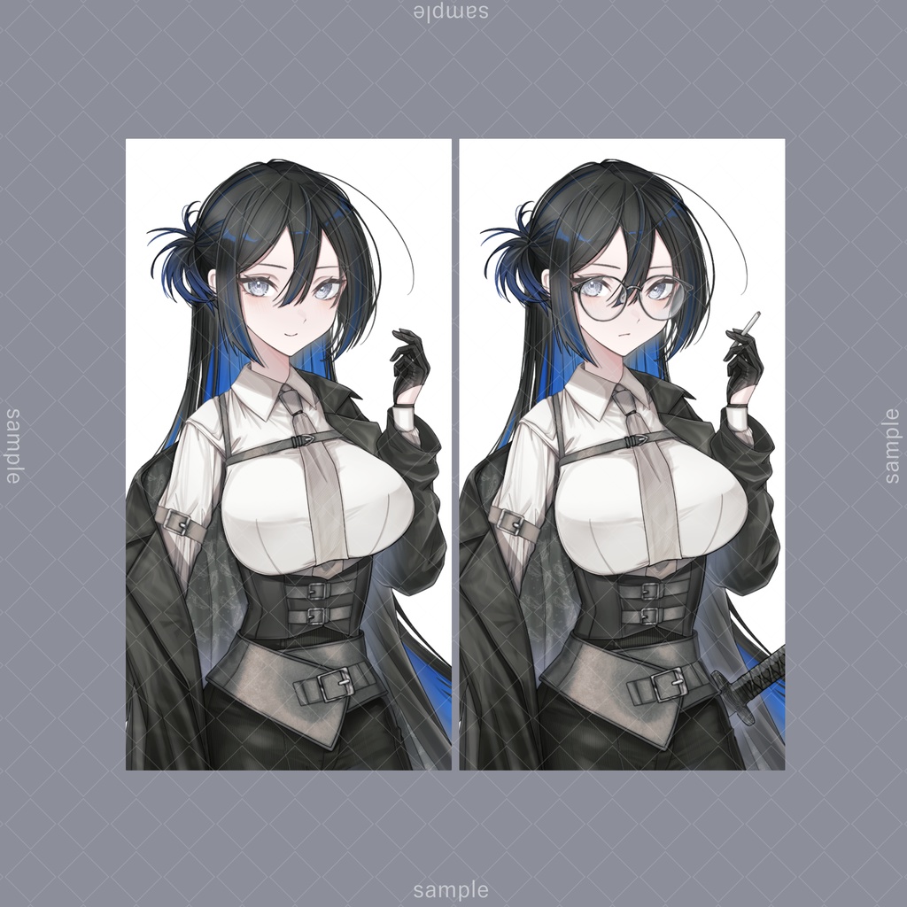 立ち絵79c【表情7種+メガネ+タバコ+刀】黒髪,スーツ,女性