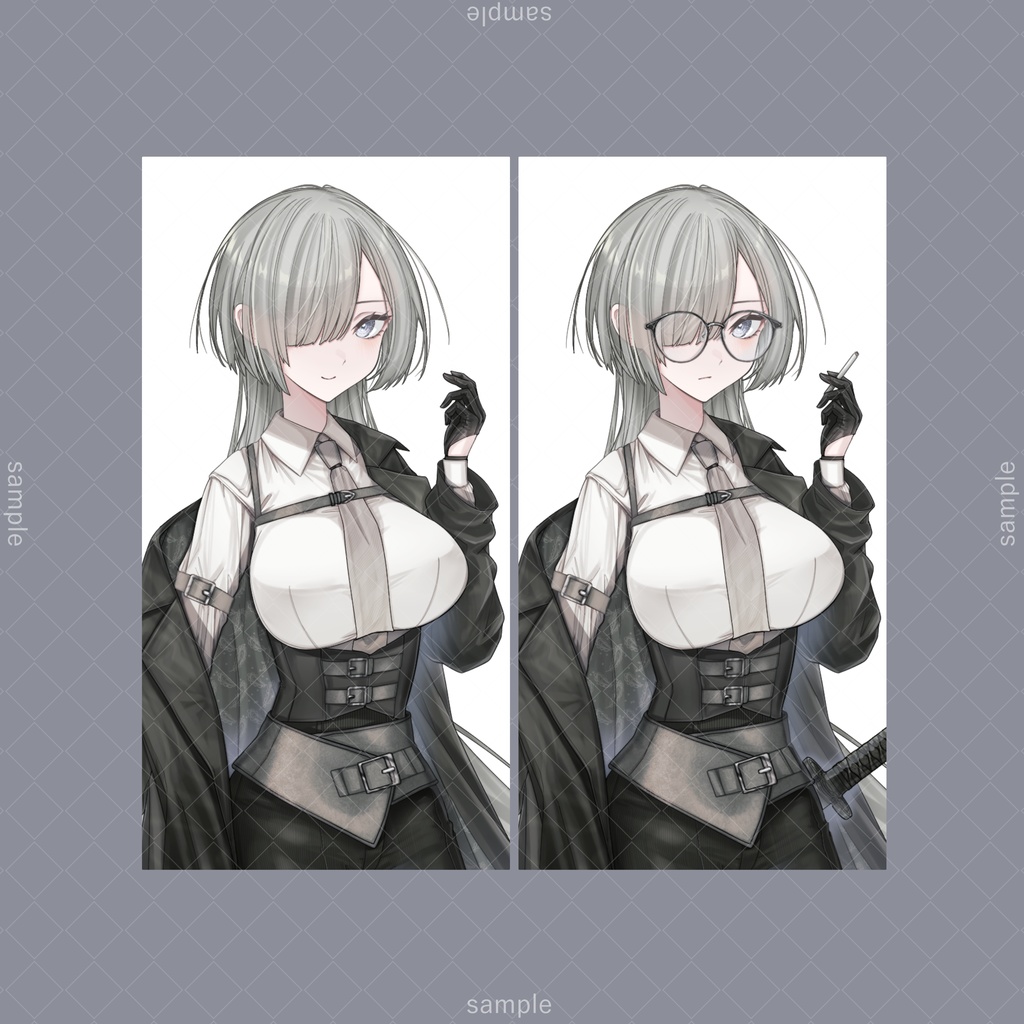 立ち絵79d【表情7種+メガネ+タバコ+刀】銀髪,スーツ,女性