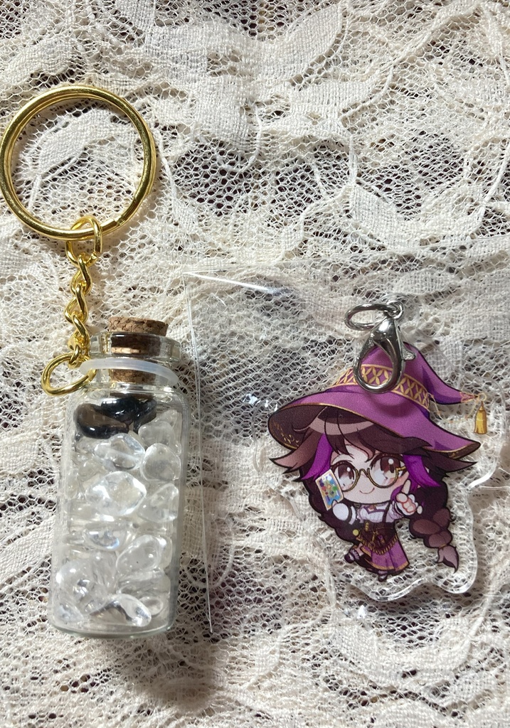 【水晶＋黒水晶】チャーム＋パワーストーンキーホルダー