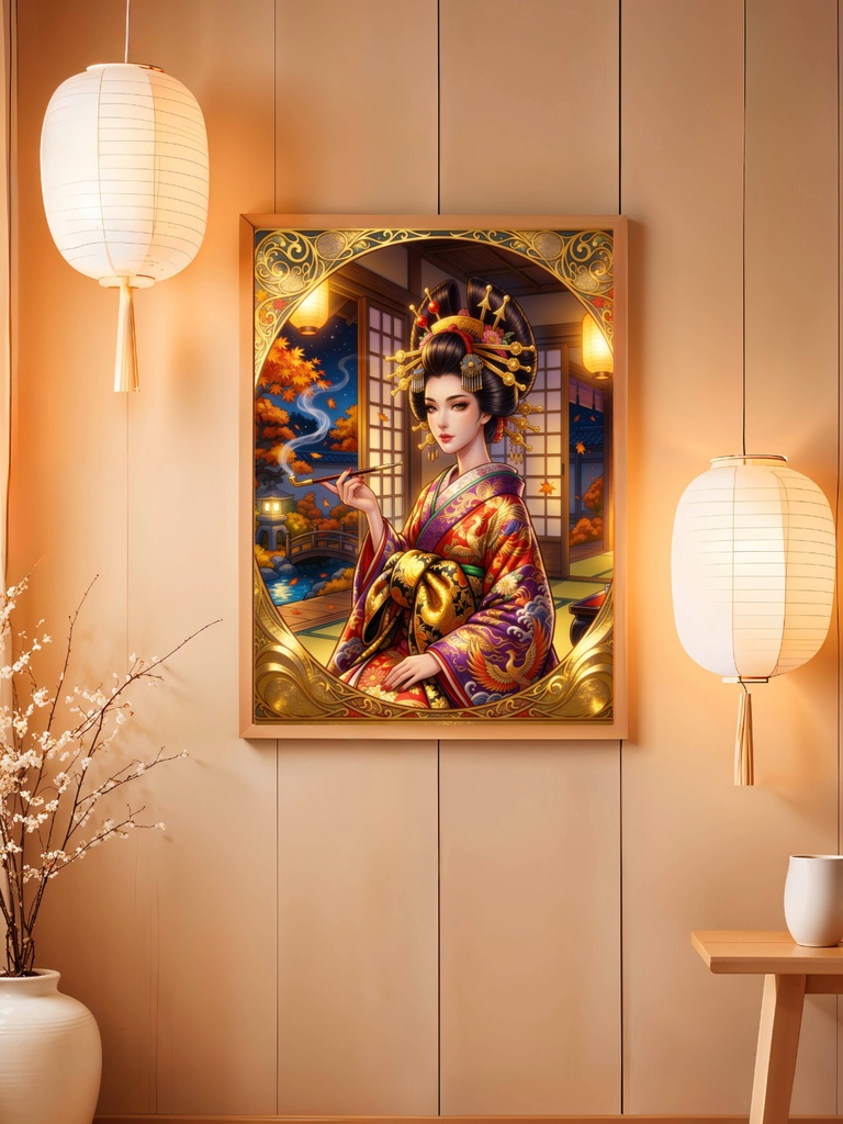 秋灯の花魁 — 金彩幻想アート