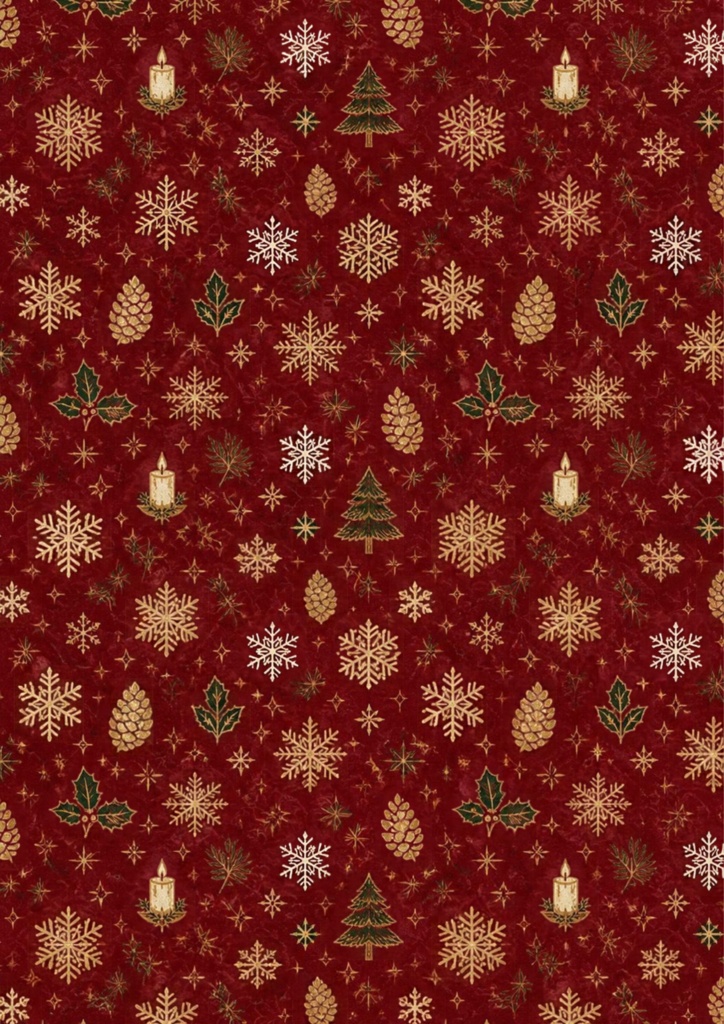 深紅にきらめく冬のクリスマス｜雪の結晶と木の実のデジタルペーパー