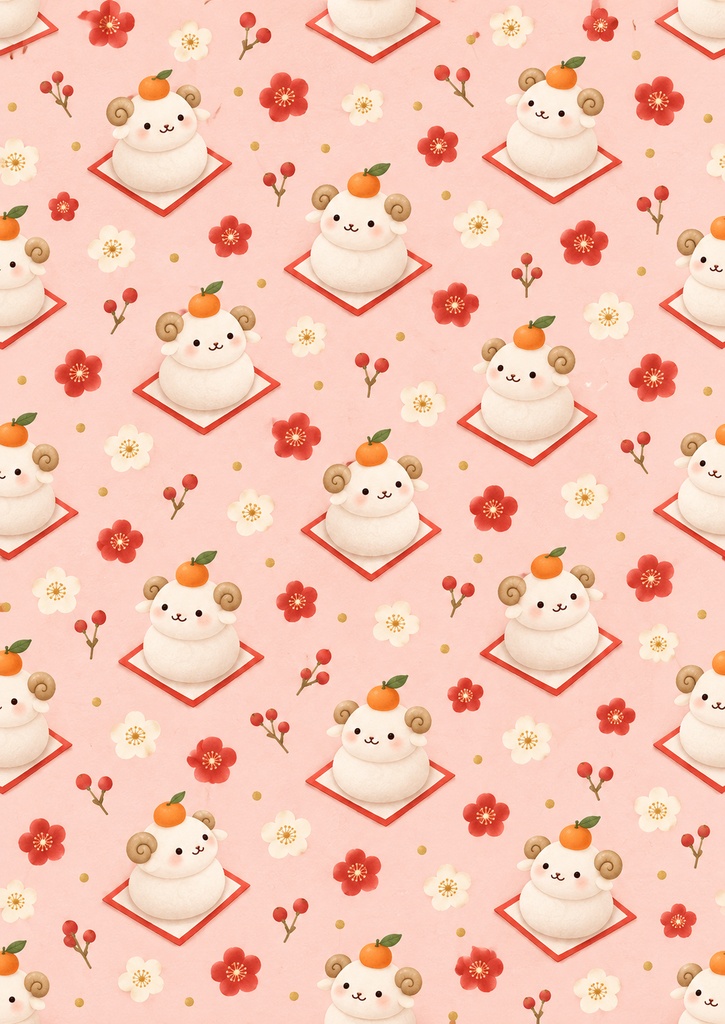 もちもち福ひつじ｜桃色と紅白梅のお正月デジタルペーパー