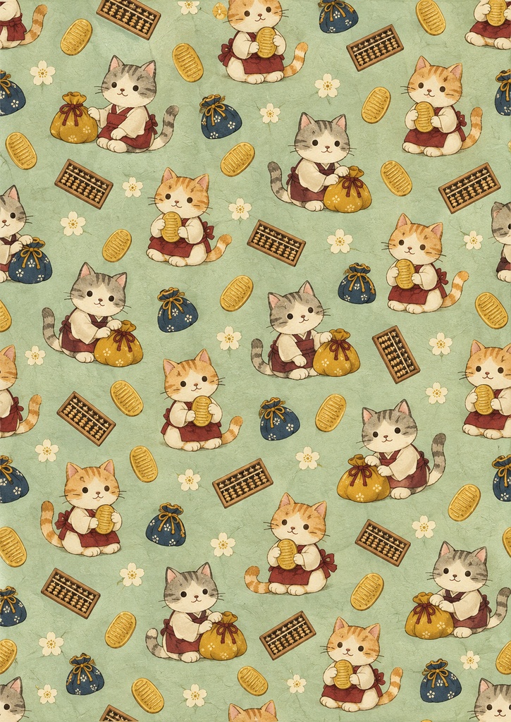 こばん猫の商い日和｜巾着とそろばんの和柄デジタルペーパー