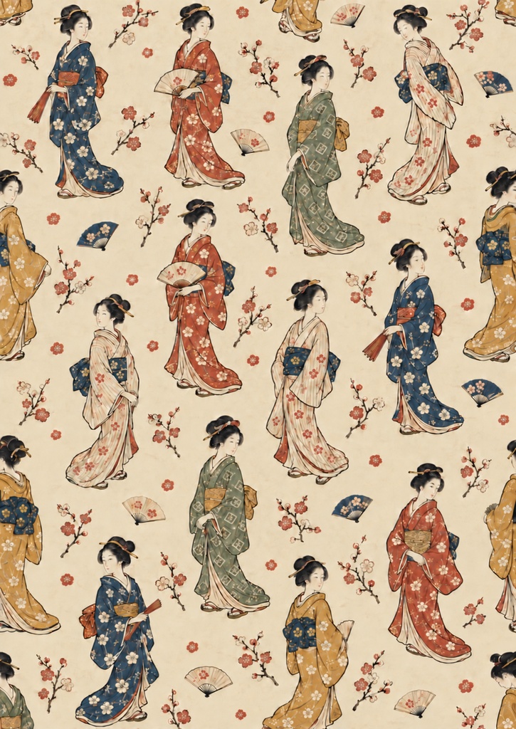 着物美人と梅の浮世絵風デジタルペーパー