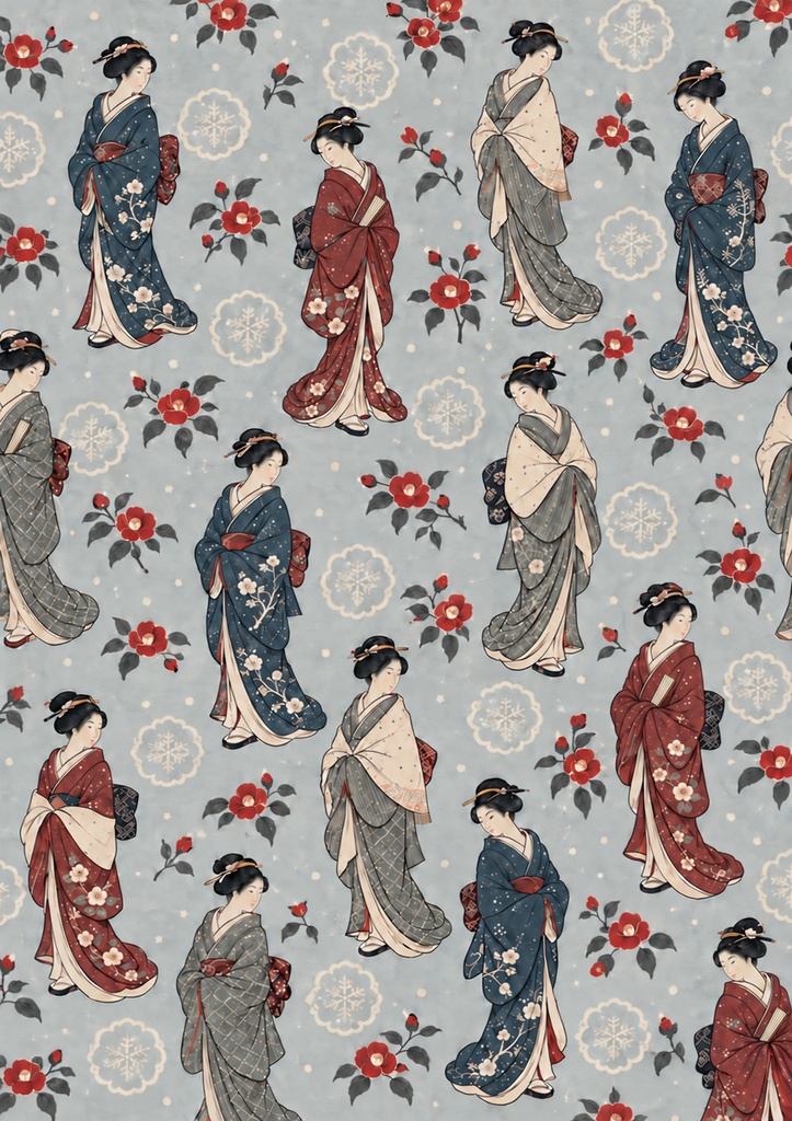 着物美人と椿と雪輪の浮世絵風デジタルペーパー