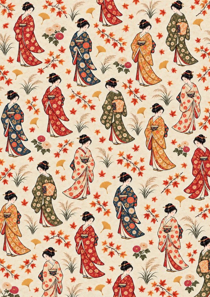 着物美人と紅葉と秋草の浮世絵風デジタルペーパー