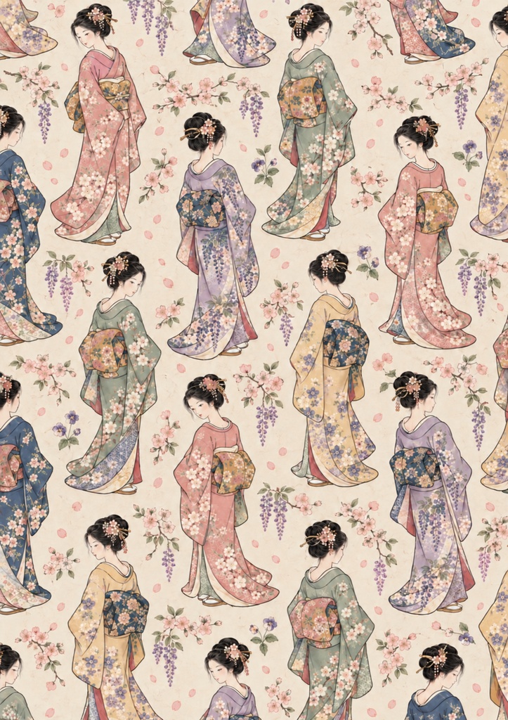 着物美人と桜と藤の浮世絵風デジタルペーパー