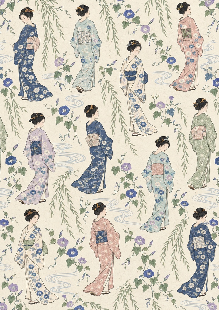 着物美人と朝顔と柳の浮世絵風デジタルペーパー