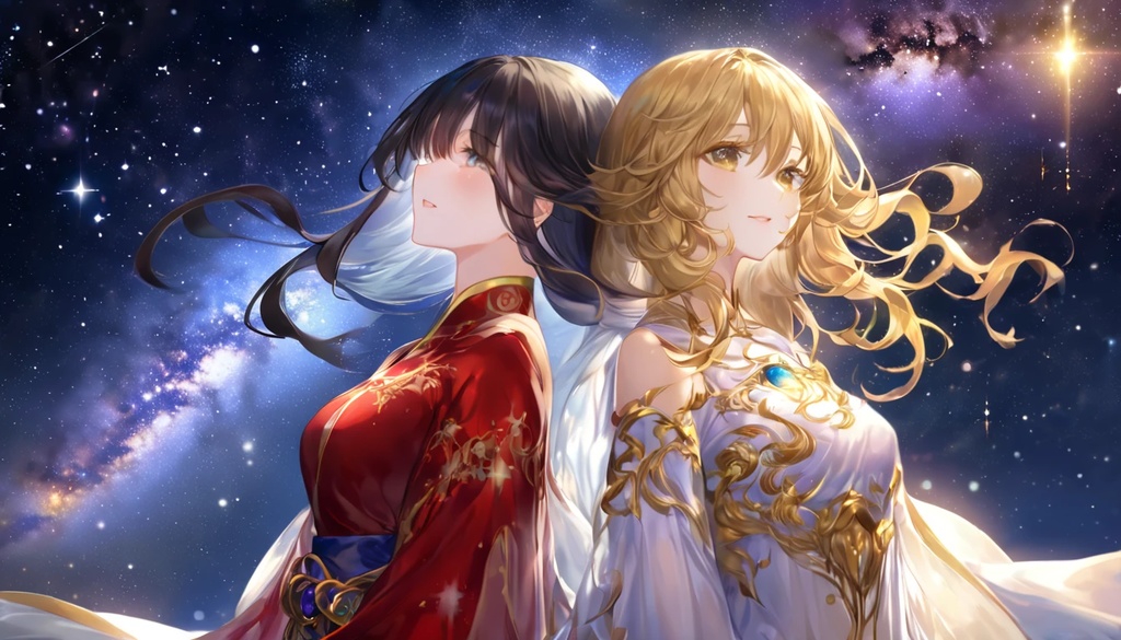 双子座の女神：まばゆい星雲に囲まれて<イラスト>