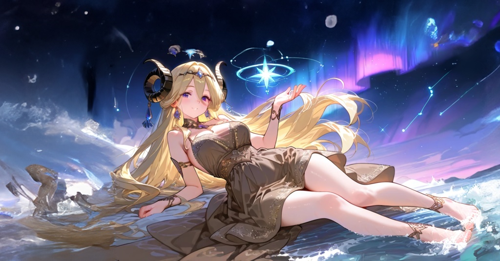 <イラスト>山羊座の女神：宇宙の海辺で一番星を手に