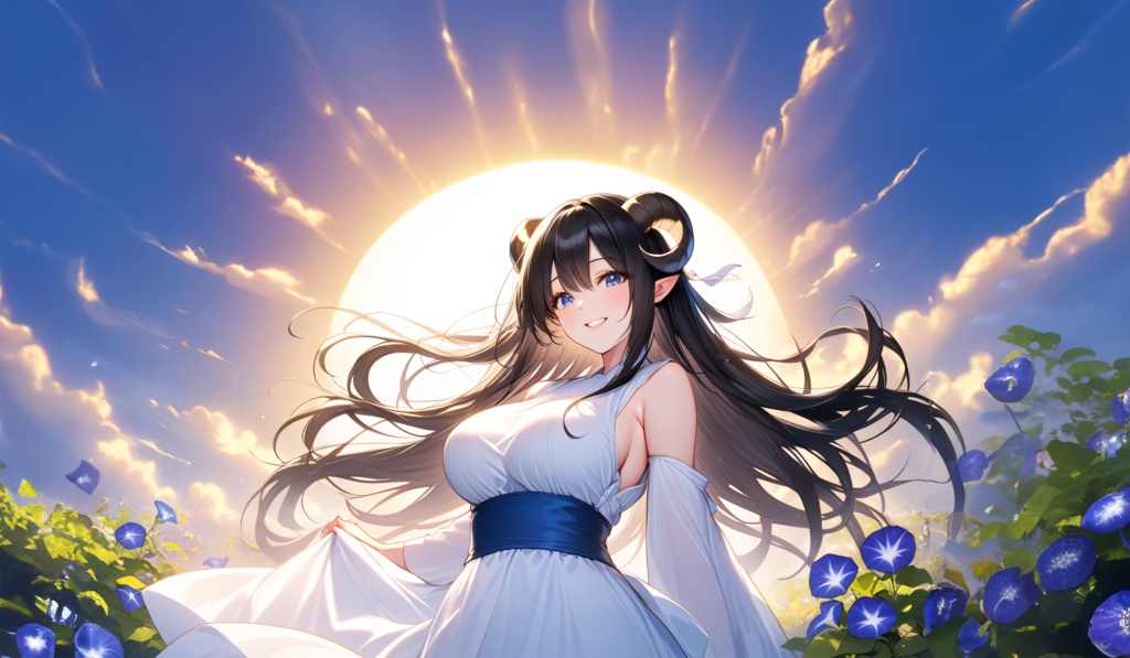 <イラスト>牡羊座の女神：朝日に照らされたアサガオの花