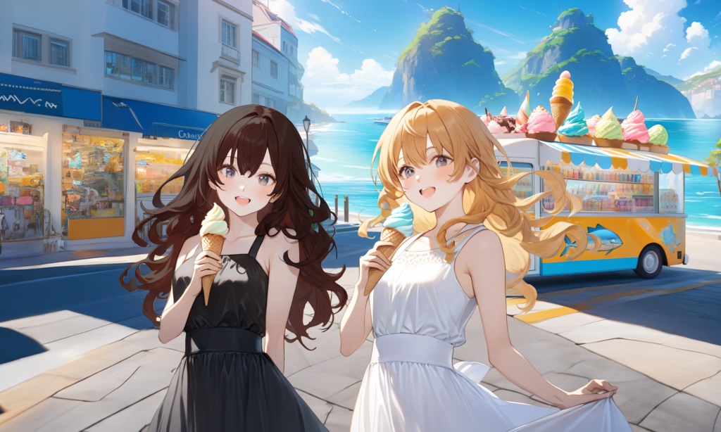 <イラスト>双子座の女神：アイスクリーム片手に海の街へ行こう