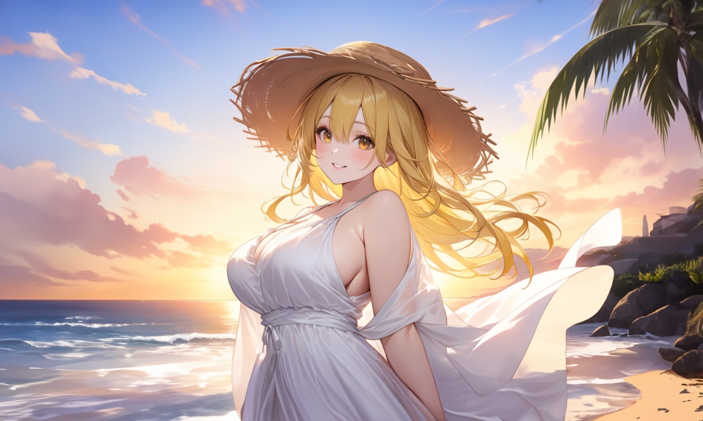 <イラスト>天秤座の女神：夕暮れ染まる海辺の波の音に