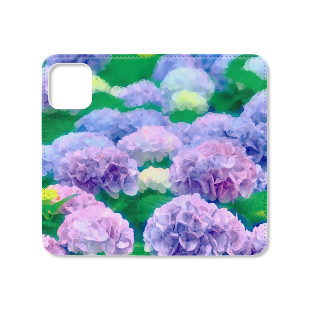 紫陽花の群生 水彩風手帳型iPhoneケース(ベルトなし)
