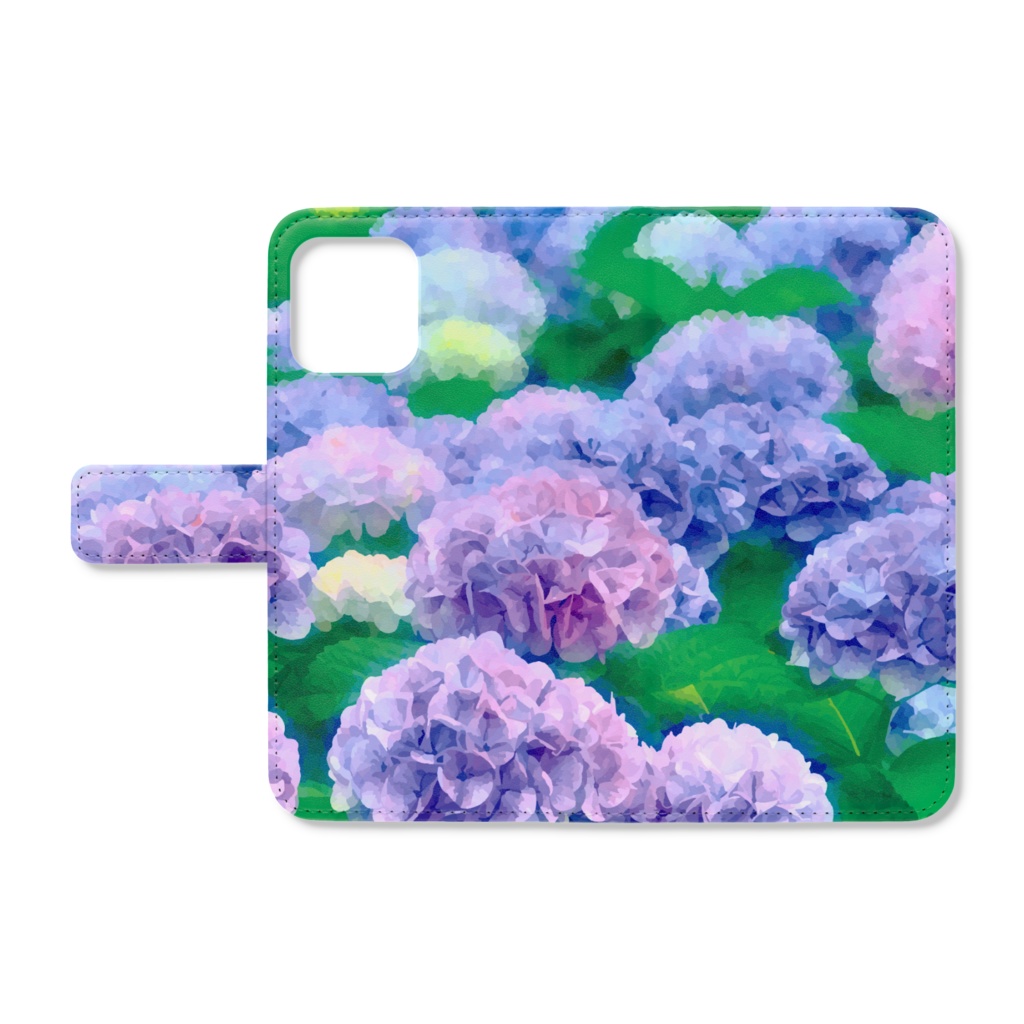 紫陽花の群生 水彩風手帳型iPhoneケース ベルトあり