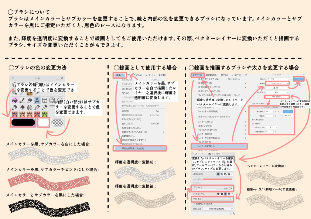 5種の手描きシームレスレース素材とブラシ│5 types of hand-drawn seamless lace materials and brushes