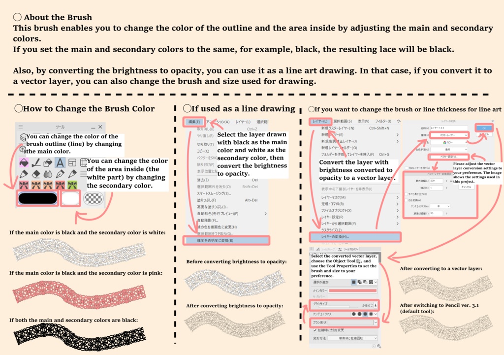 5種の手描きシームレスレース素材とブラシ│5 types of hand-drawn seamless lace materials and brushes
