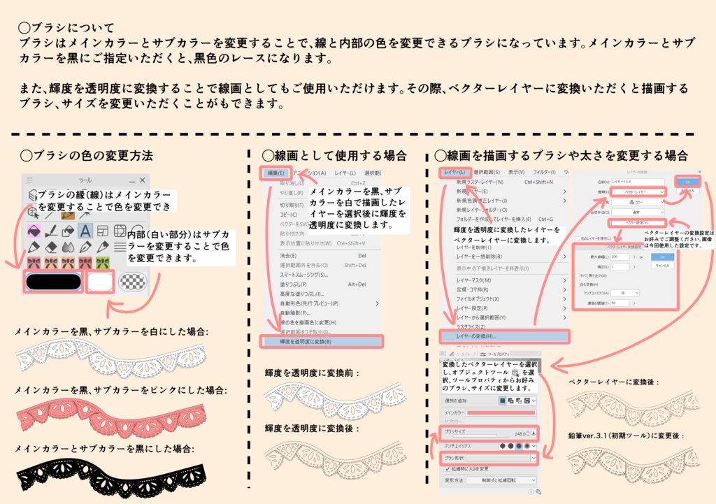 5種の手描きシームレスレース素材とブラシ2│5 types of hand-drawn seamless lace materials and brushes 2