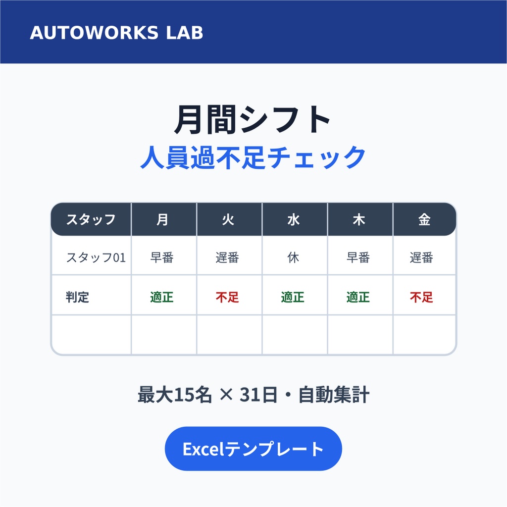 小規模店舗向け｜月間シフト＋必要人数 過不足チェック Excelテンプレート