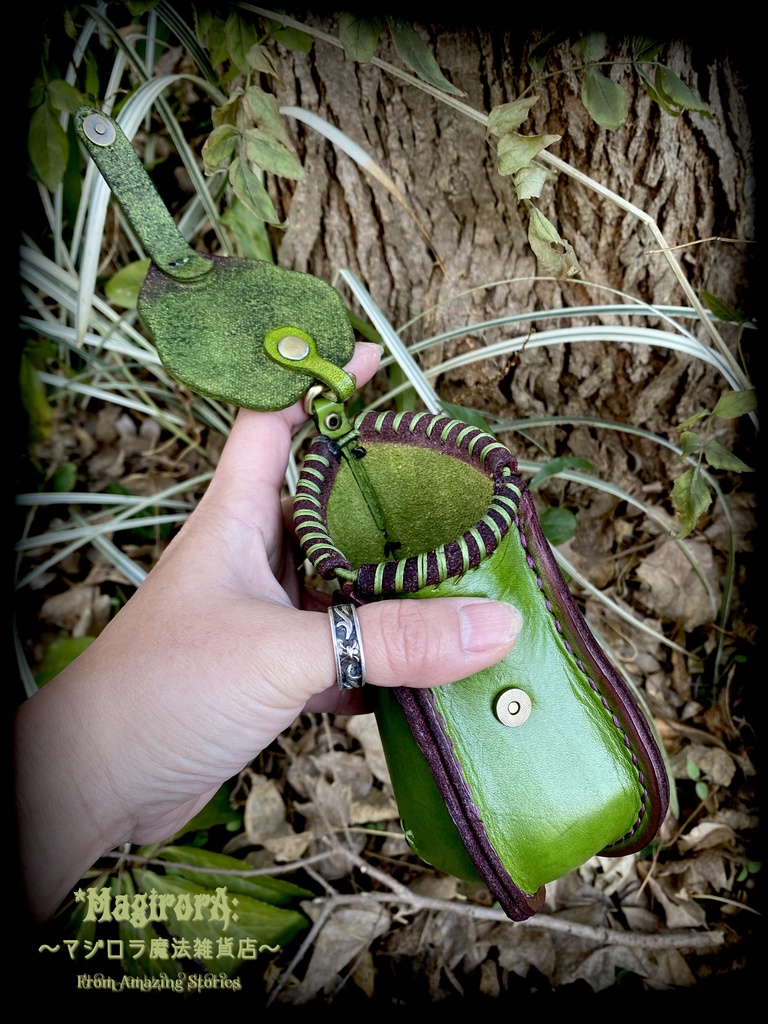 ウツボカズラのポーチ(若草緑)縁取り紫系