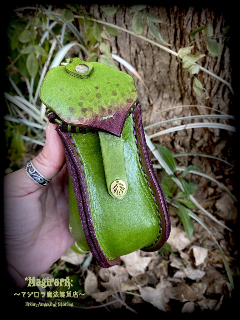 ウツボカズラのポーチ(若草緑)縁取り紫系