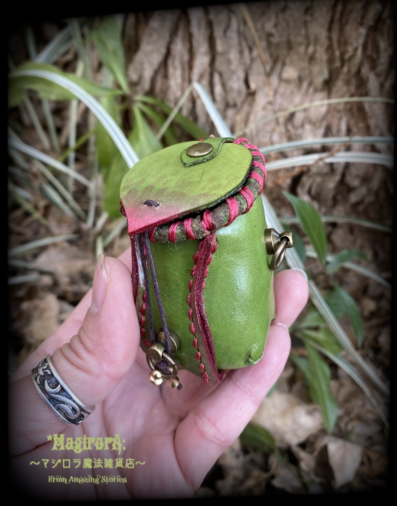 ウツボカズラのミニミニポーチ(渋緑)縁取り赤系