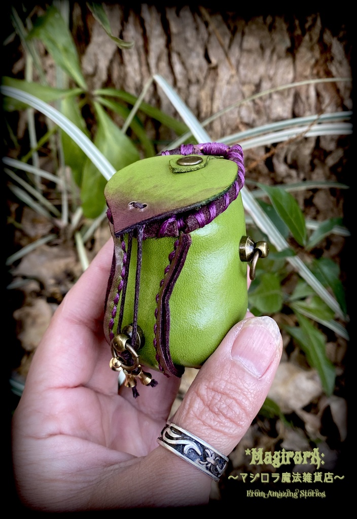 ウツボカズラのミニミニポーチ(若草緑)縁取り紫系