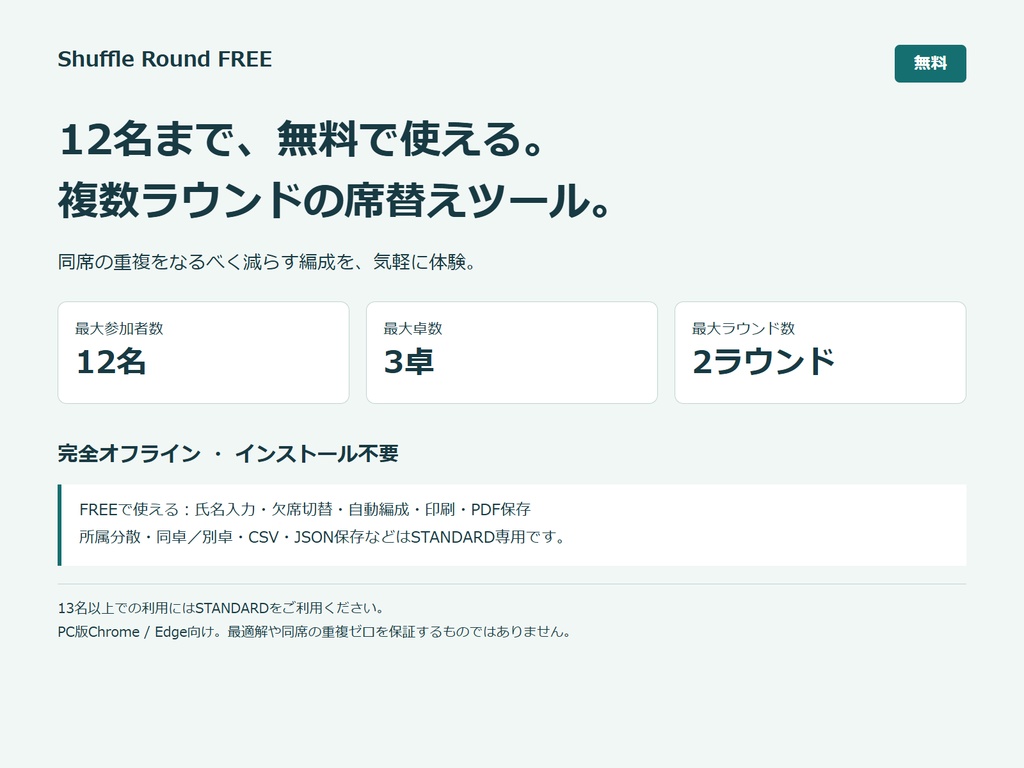 【無料】Shuffle Round FREE｜12名までの複数ラウンド席替えツール