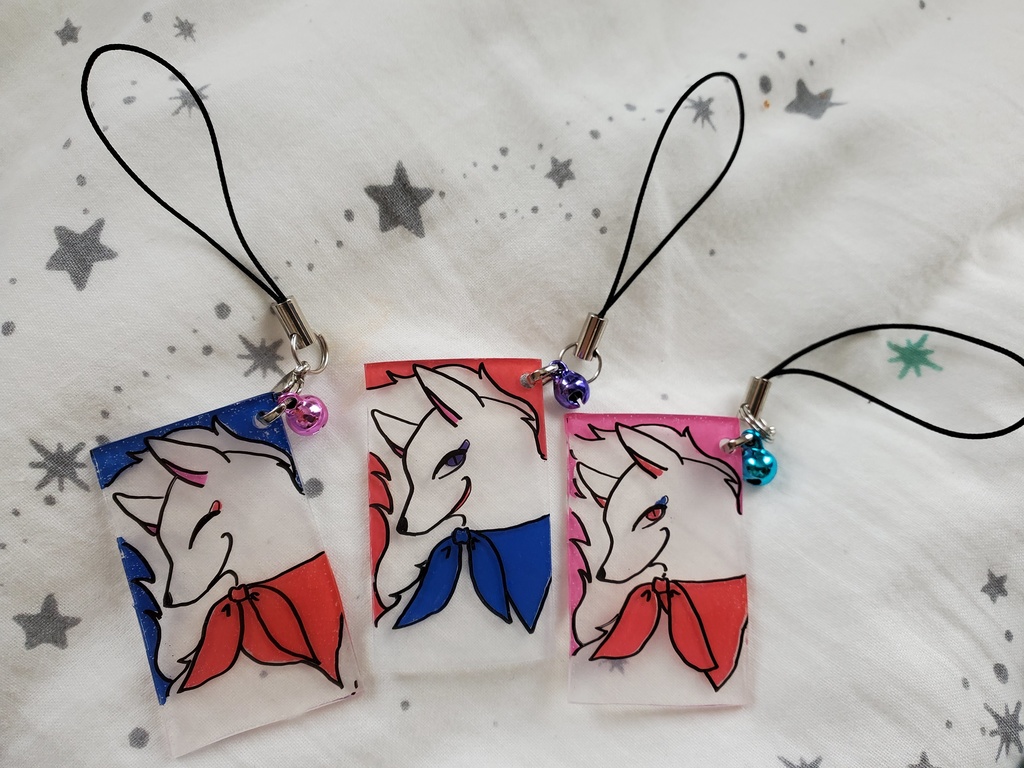 招福鈴つきお狐キーホルダー(ピンクと水色)