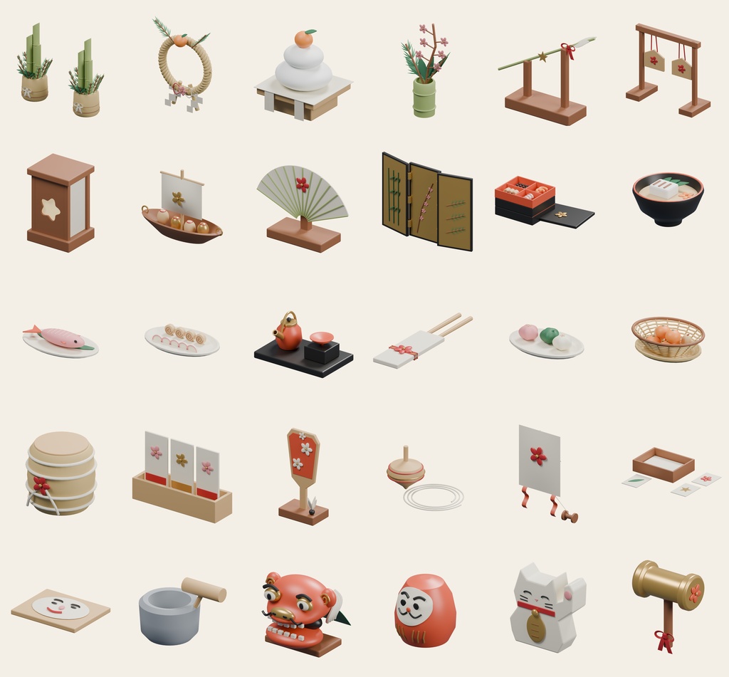日本の正月小物 30点セット|VRChat PCワールド向け3D素材