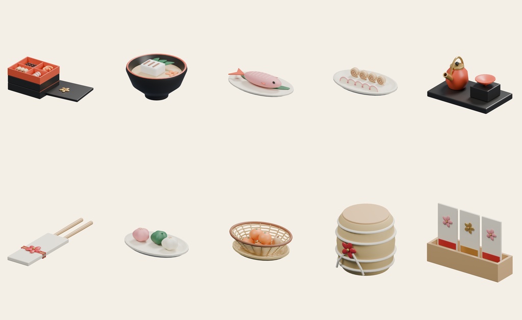 日本の正月小物 30点セット|VRChat PCワールド向け3D素材