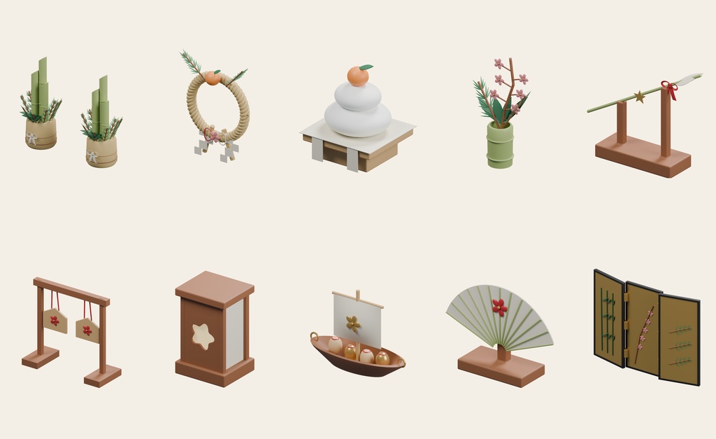 日本の正月小物 30点セット|VRChat PCワールド向け3D素材