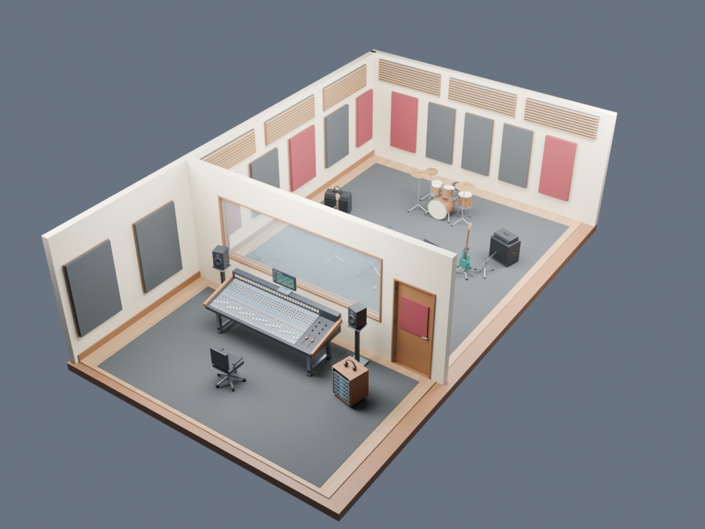 レコーディングスタジオ 4種類の楽器+録音室・調整室セット|BLEND・FBX・GLB・Unity