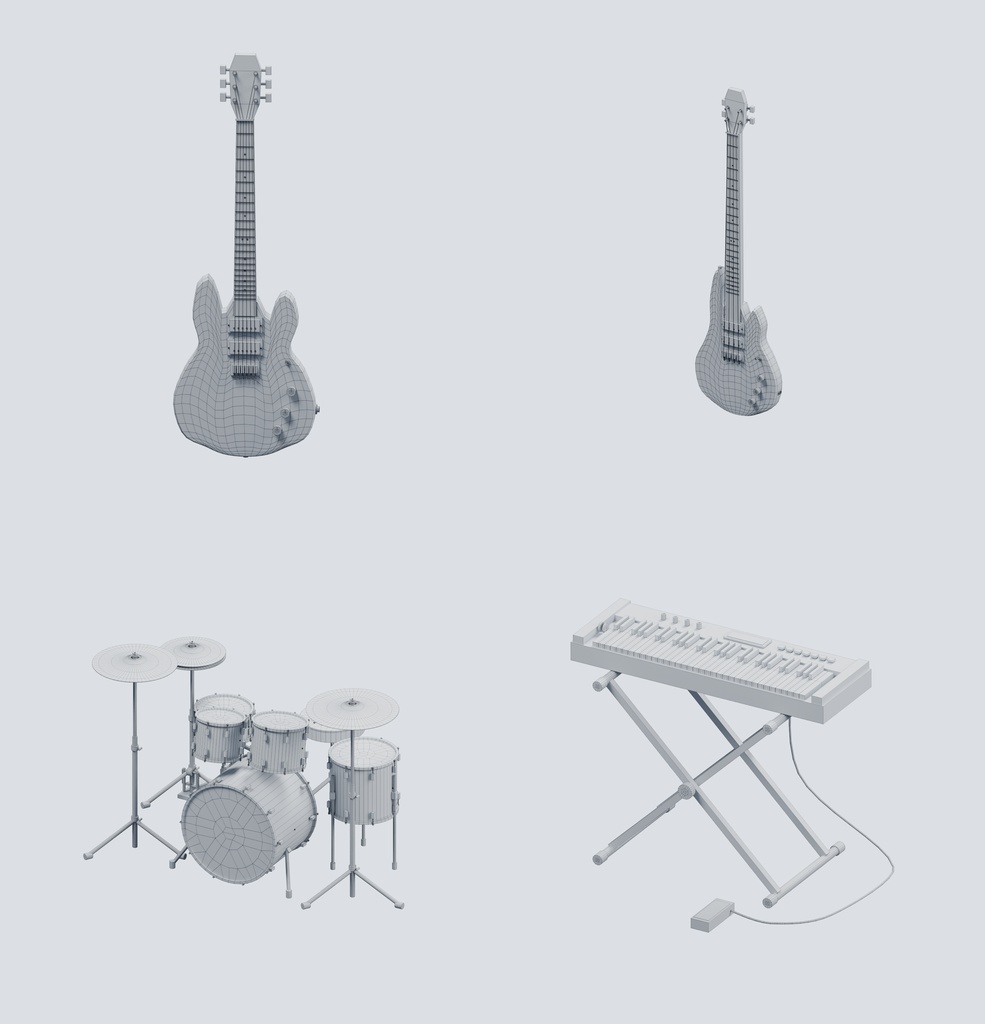 レコーディングスタジオ 4種類の楽器+録音室・調整室セット|BLEND・FBX・GLB・Unity
