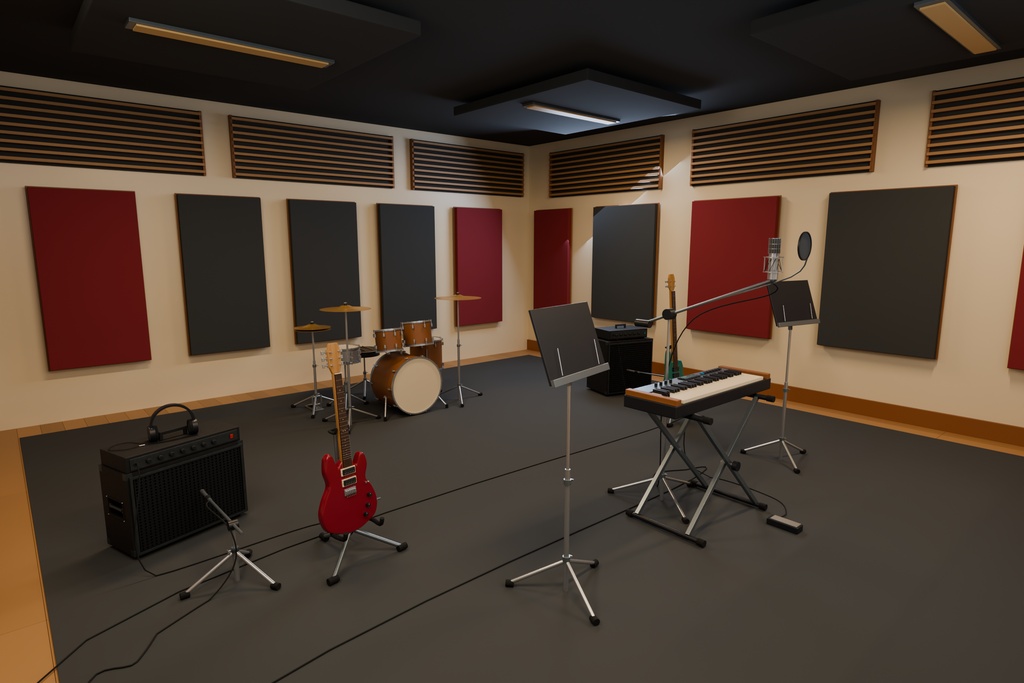 レコーディングスタジオ 4種類の楽器+録音室・調整室セット|BLEND・FBX・GLB・Unity