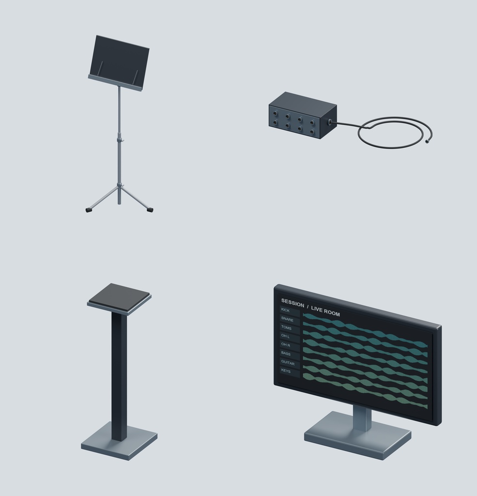 レコーディングスタジオ 4種類の楽器+録音室・調整室セット|BLEND・FBX・GLB・Unity