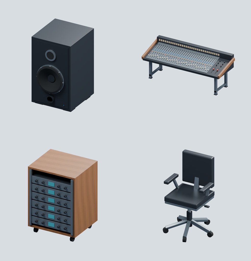 レコーディングスタジオ 4種類の楽器+録音室・調整室セット|BLEND・FBX・GLB・Unity