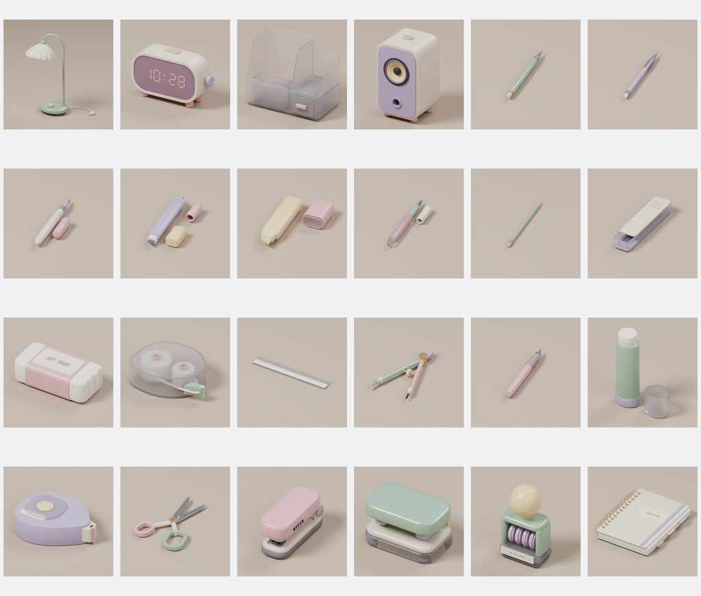 パステルポップ デスク小物100種+追加2点|Blender・FBX・GLB・Unity