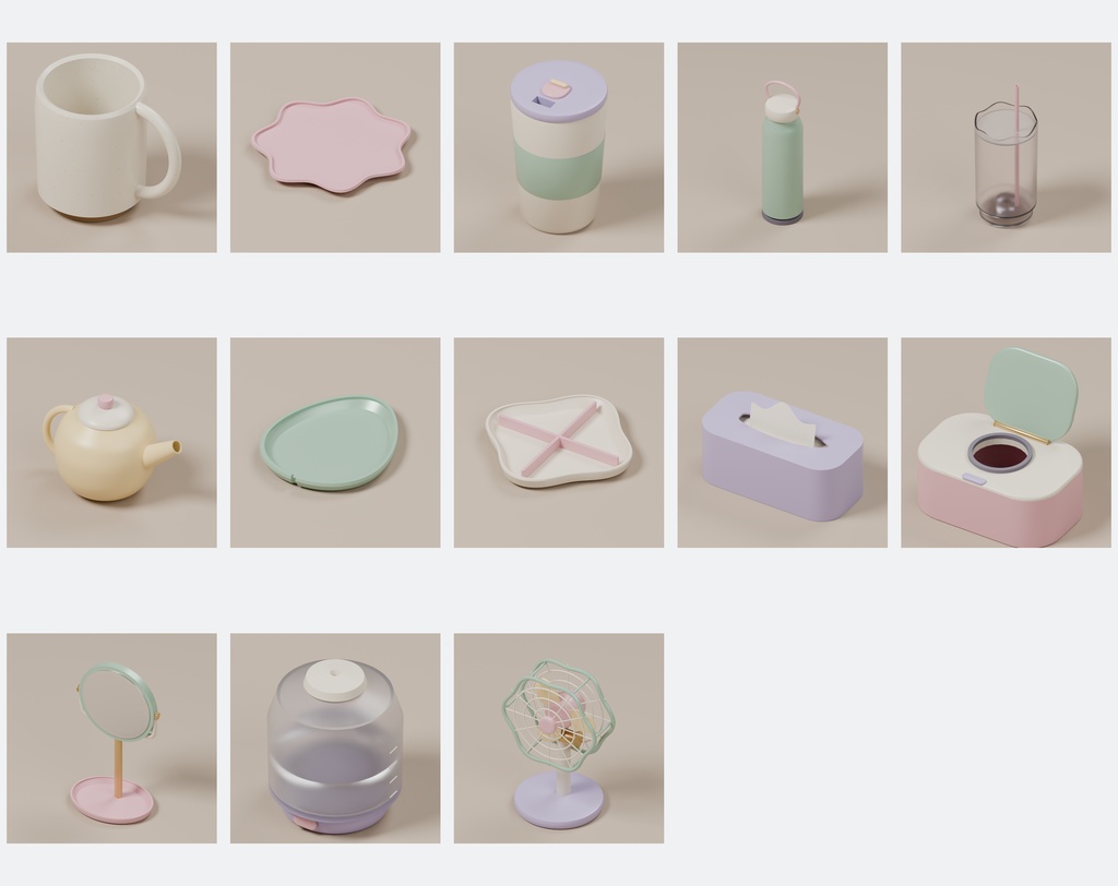 パステルポップ デスク小物100種+追加2点|Blender・FBX・GLB・Unity