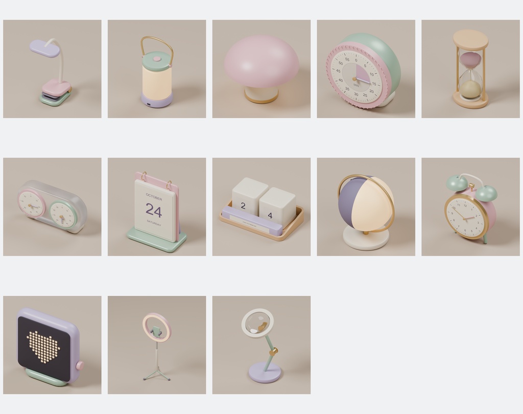 パステルポップ デスク小物100種+追加2点|Blender・FBX・GLB・Unity