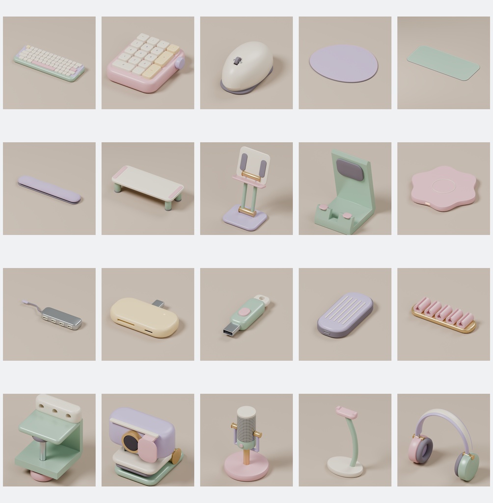 パステルポップ デスク小物100種+追加2点|Blender・FBX・GLB・Unity