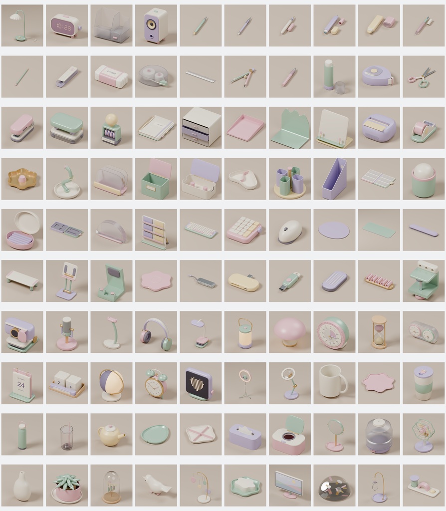 パステルポップ デスク小物100種+追加2点|Blender・FBX・GLB・Unity