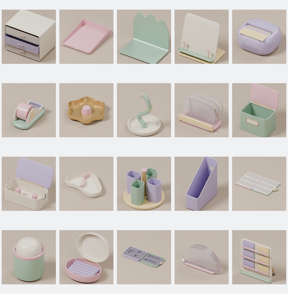 パステルポップ デスク小物100種+追加2点|Blender・FBX・GLB・Unity
