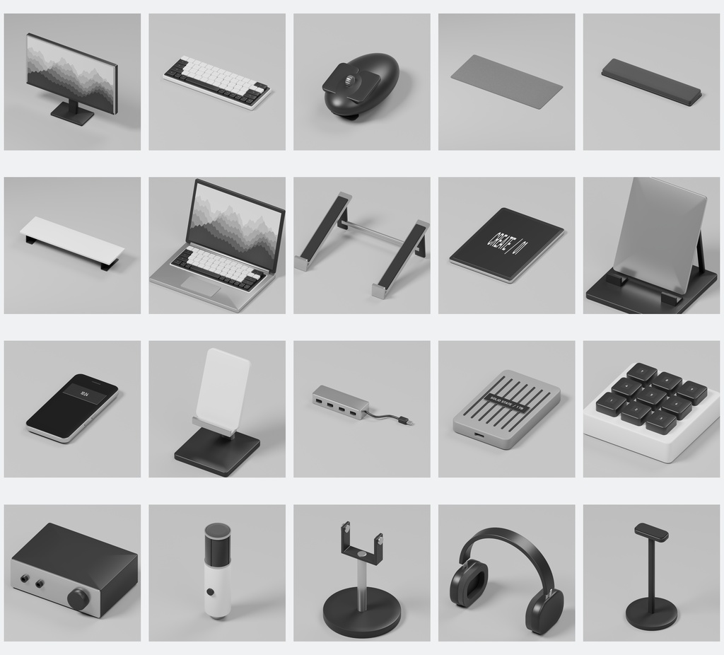 白黒デスク小物100種類+デスク1点|Blender・FBX・GLB・Unity【3D素材】