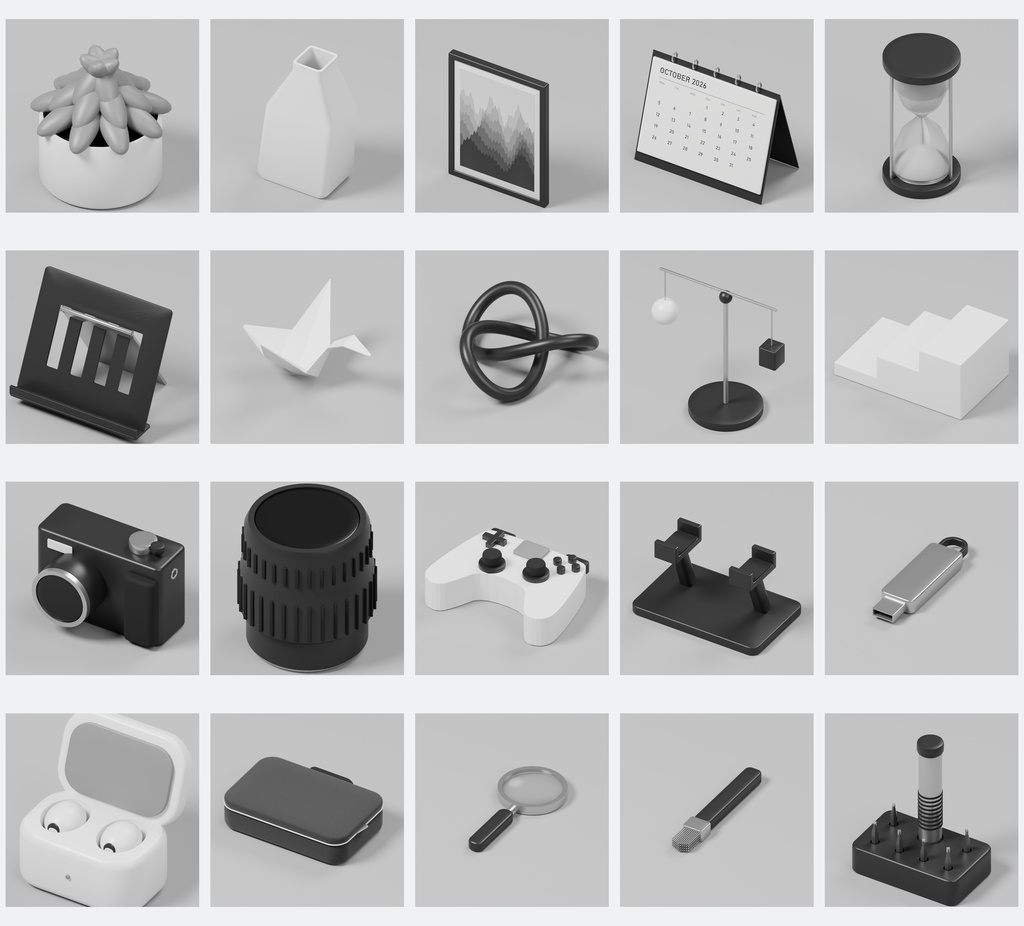 白黒デスク小物100種類+デスク1点|Blender・FBX・GLB・Unity【3D素材】