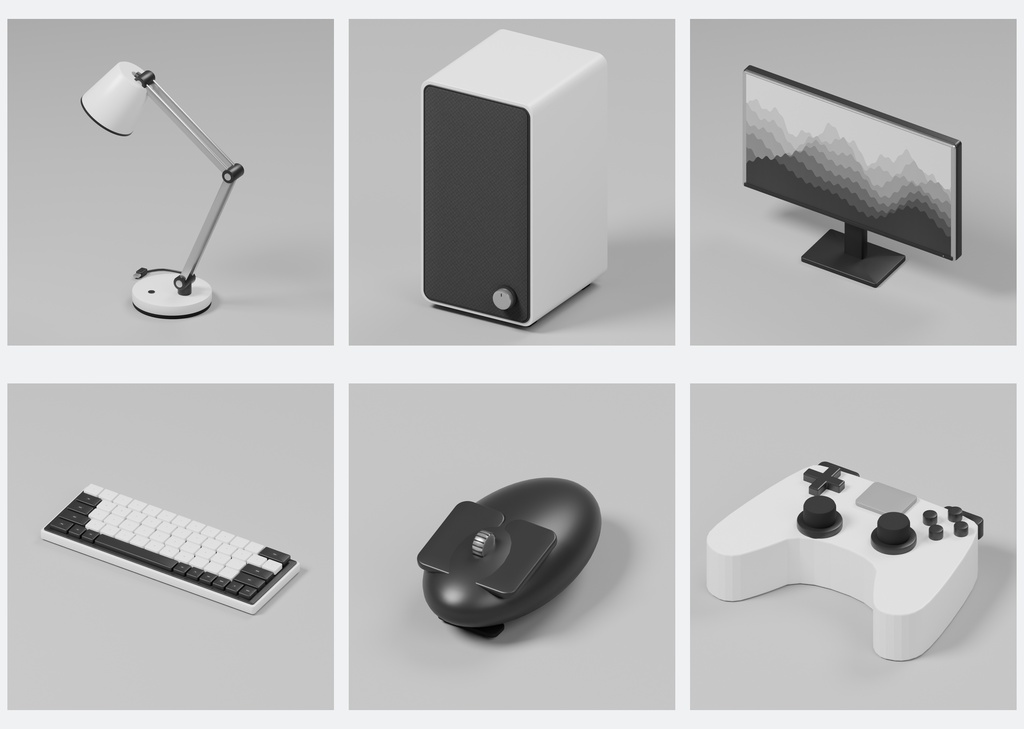 白黒デスク小物100種類+デスク1点|Blender・FBX・GLB・Unity【3D素材】