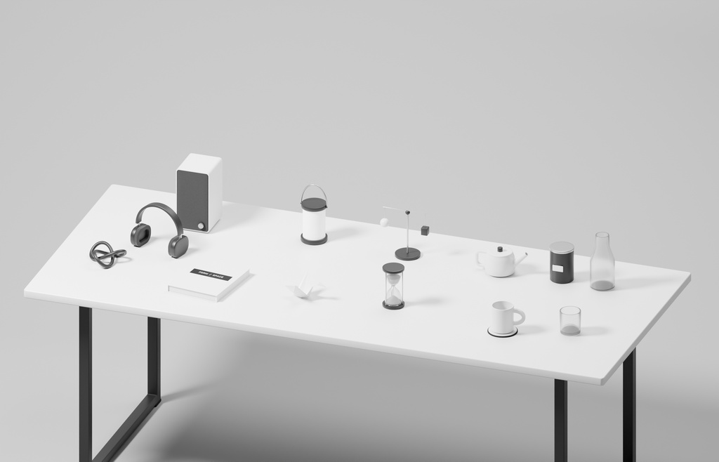 白黒デスク小物100種類+デスク1点|Blender・FBX・GLB・Unity【3D素材】